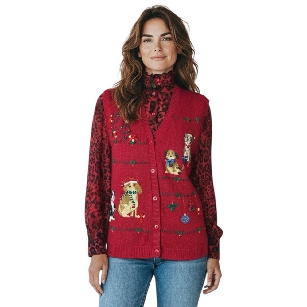 TABI Red Knit Vest with Dog Embroidery 95% Cotton Size XS
